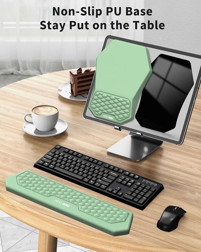 Ergonomic Mouse Pad and Keyboard Wrist Rest Support Set, Massage Design Mousepad for Carpal Tunnel Pain Relief, Memory Foam, Non-Slip PU Base for Computer Desk, Green