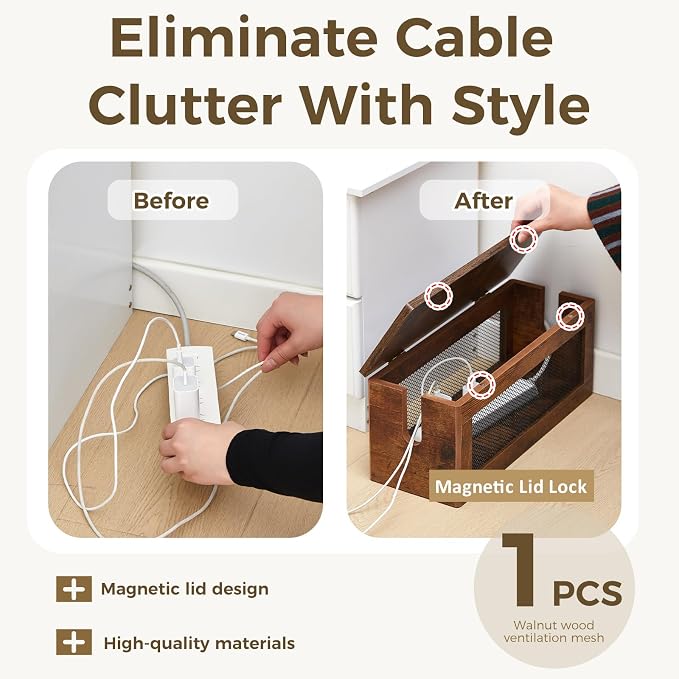 Chunful Extra Large Cable Management Box, 16'' Wood Cord Box Organizer with Ventilation Nets & Organizer for Power Strip, TV Wires & Desk Cable Storage, Magnetic Lid Hide Floor Cables