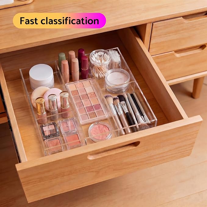 Acrylic Drawer Organizer, 6 Section Clear Makeup Tray Organizer for Drawer Office Bedroom(11.8x11.8 inch)