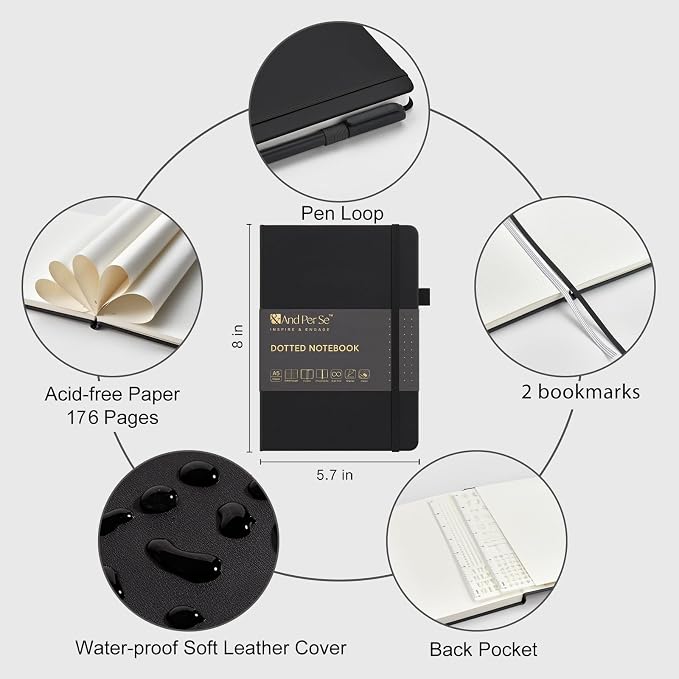 &And Per Se Dotted Journal Notebook 3 Pack, A5 Hardcover with Journal Dotted Pages, Stencils & Pens, 176 Numbered Pages Each for Students Teachers Office (Black)