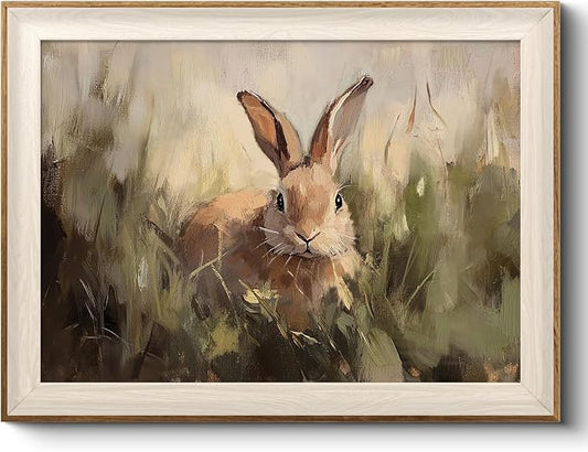 VIYYIEA Framed Wall Art for Living Room, Rabbit Canvas Prints Vintage Home Decor, Animals Painting Picture Bathroom Wall Decor, Easter Gifts for Friends or Family -【Silly Bunny】-(16L x 12W)