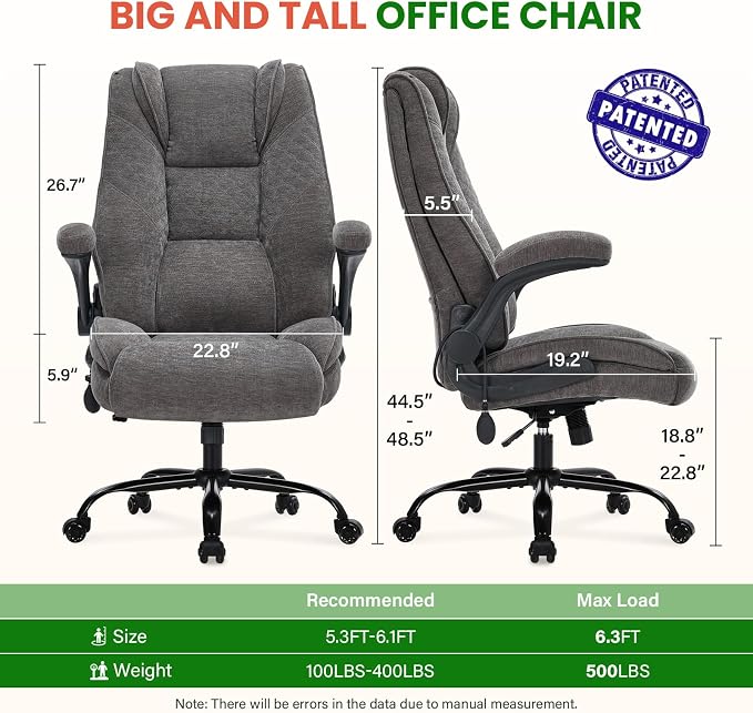 CIOMAN 500lbs Big and Tall Office Chair with Inflatable Lumbar Support, Rubber Wheels Executive Chair with Rocking Function, High Back Wide Cushion Ergonomic Desk Chair for All-Day Sitting,Grey
