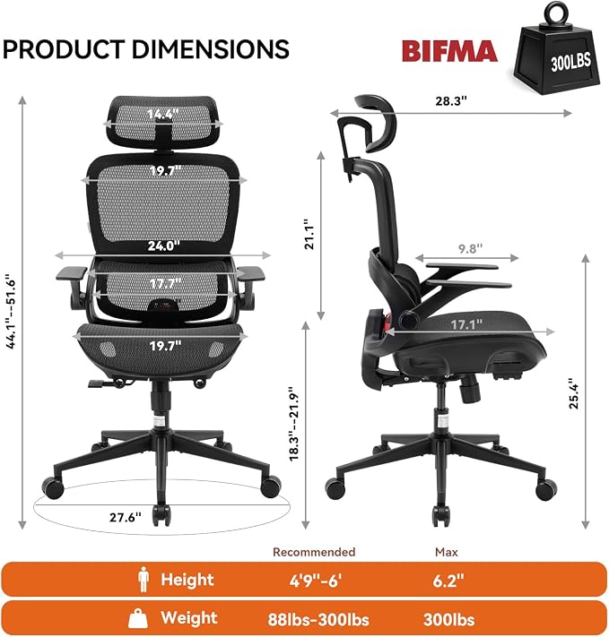 SIHOO B100 Office Chair, Ergonomic Office Chair Without Footrest, Computer Chair with Wide Headrest & Adaptive Lumbar Support, Flip-up Armrests, Swivel Desk Chair for Long Hours, Black