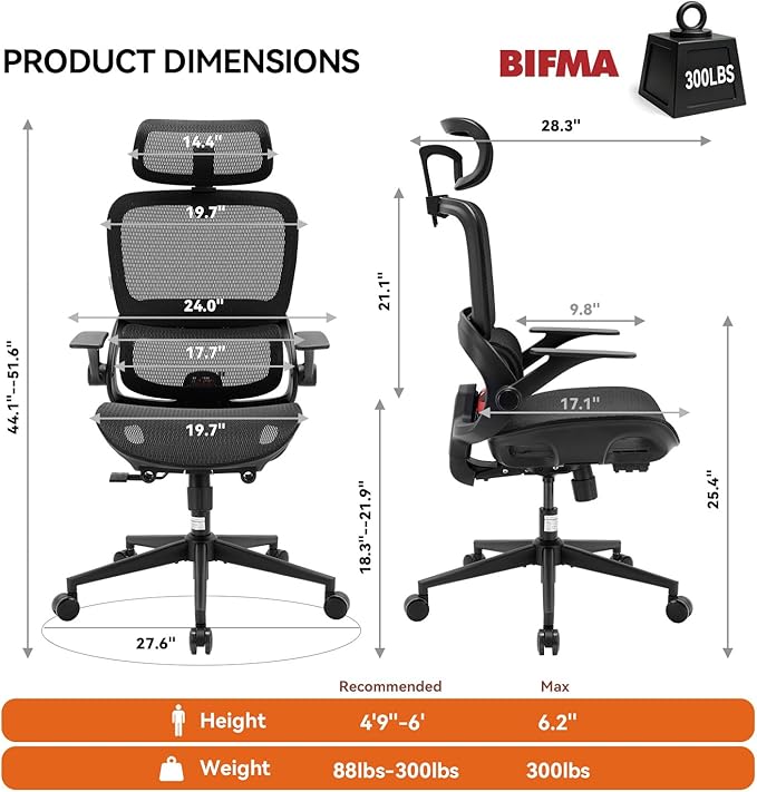 SIHOO B100 Office Chair, Ergonomic Office Chair Without Footrest, Computer Chair with Wide Headrest & Adaptive Lumbar Support, Flip-up Armrests, Swivel Desk Chair for Long Hours, Black