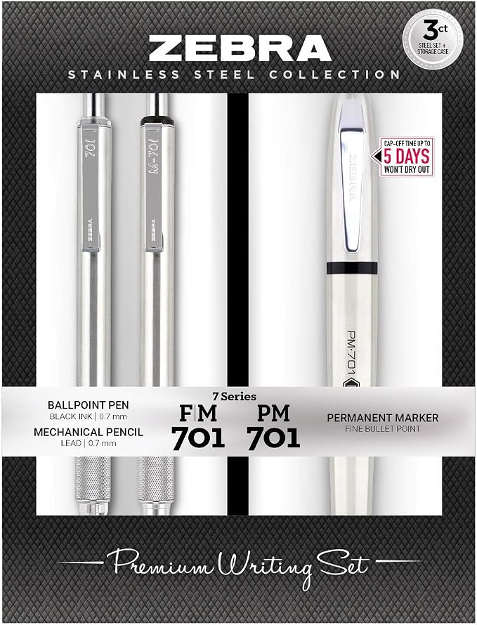 Zebra Pen Premium Steel Writing Set, PM-701 Permanent Marker, F-701 Ballpoint Pen, M-701 Mechanical Pencil, Ideal for Tactical Use, Great for Gift Giving, 3-Pack (11213)