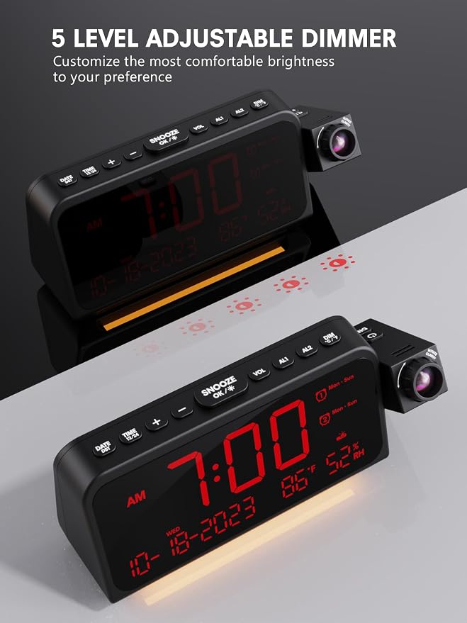 Mesqool Projection Alarm Clock Ceiling Display, with Temperature, Humidity | Dual Alarms, 5-Level Dimmer, Date, Night Light, Weekday/Weekend Mode, 12/24H, DST, , Snooze, 180° Rotatable, for Bedroom