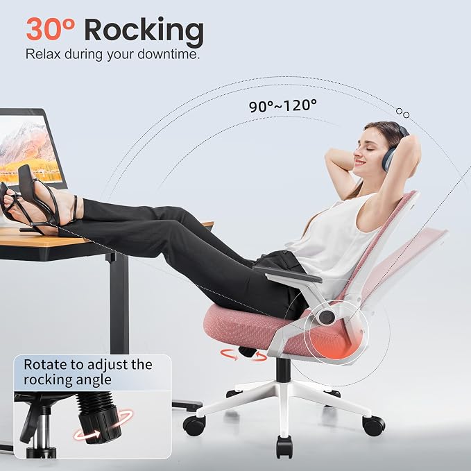 COMHOMA Office Chair with Flip-up Armrests Ergonomic Computer Desk Chair with Adaptive Lumbar Support & Breathable Mesh, Pink