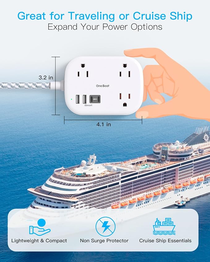 Cruise Essentials 2026,Travel Power Strip with USB C,Flat Plug Extension Cord 3 ft with 3 Outlets 4 USB Ports(2 USB C), Desk Wall Outlet Extender,Non Surge Protector for Cruise,Dorm Room,ETL