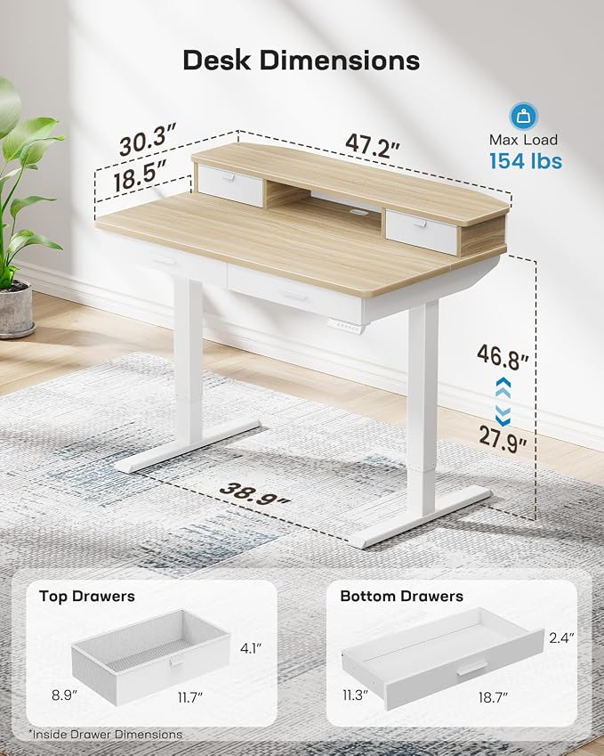 HUANUO 48 x 30 inch Electric Standing Desk with 2 Wood Drawers, Adjustable Height Sit Stand Desk for Home Office, Ergonomic Stand up Desk with 4 Memory Presets, 176 lbs Capacity, Natural Top