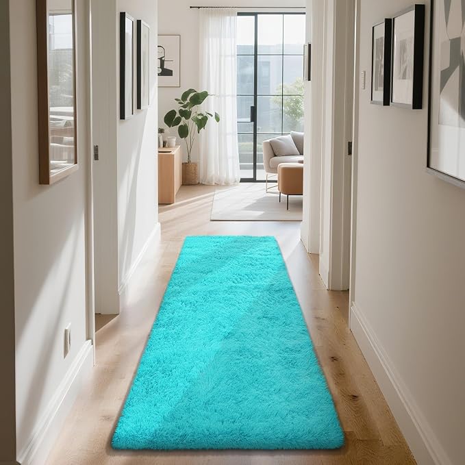 Teal Blue Rug Fluffy Rugs, 2x6 Teal Area Rugs for Bedroom, Soft Play Mat, Indoor Floor Carpet for Teen, Preppy Dorm, Plush Aesthetic Bedside Rug