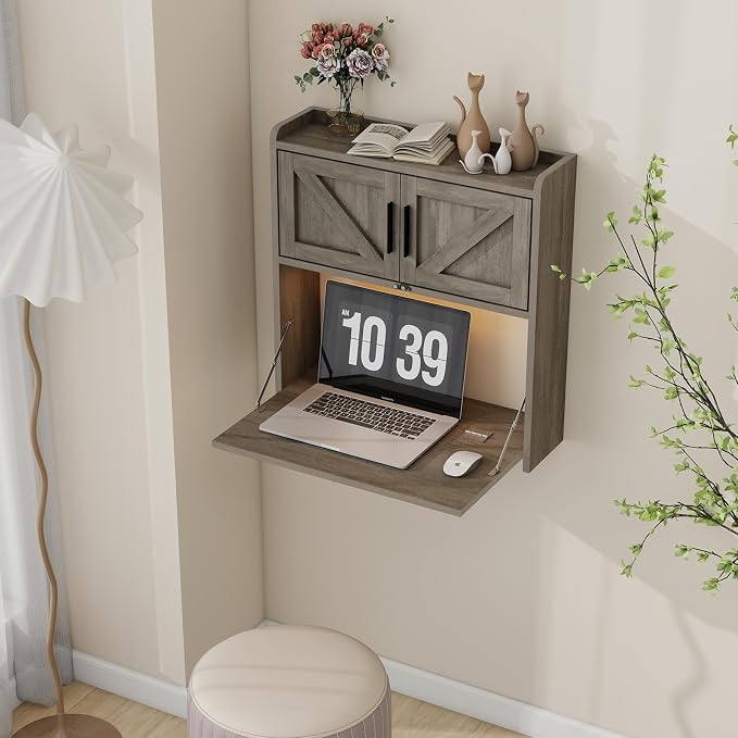 ARTETHYS Wall Mounted Desk Folding with Light Drop Down Hanging Desk,Gray | 3 Color Adjustable Light, Fold Down Computer Desk, Writing Workstation with Storage Compartment, Space Saving for Home Office