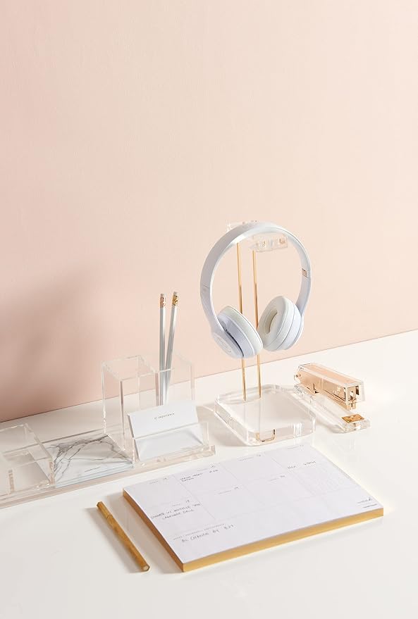 RUSSELL+HAZEL Acrylic Headphones Stand with Gold Hardware, Clear Headset Holder & Desk Accessory for Home Office Workspace Organization, 4" x 5" x 10.5"(Pack of 2)