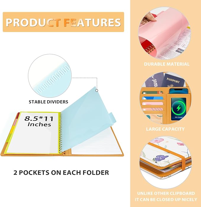 Ospelelf Clipboard with Storage for Women, Leather Padfolio Portfolio Organizer 5 Folders with 10 Pockets, Spiral Clipboard Folio with Notepad for Letter Size, Elastic Closure and Pen Loop Flowers