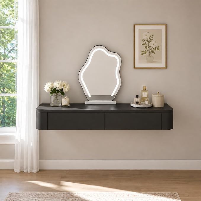 Floating Makeup Vanity Desk with Drawers Wall Mounted Makeup Table with Storage Fully Assembled Floating Vanity Desk Space Saving Modern Dressing Table for Bedroom Closet(Black,55.1")