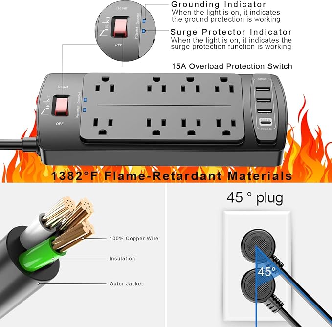 Surge Protector Power Strip - Nuetsa Flat Plug Extension Cord with 8 Outlets and 4 USB Ports, 15 Feet Power Cord, 2700 Joules, ETL Listed, Black