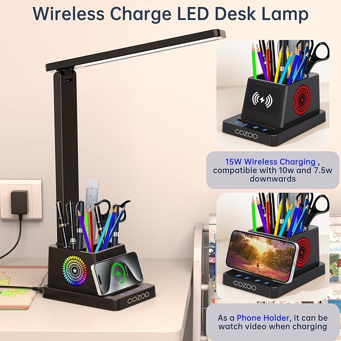 cozoo Desk Lamp,LED Desk Lamps for Home Office,Wireless Charger Small Desk Lamp with Pen Holder,Color Changing Nightlight,12 Lighting Modes,Desk Lamp for College Dorm Room,Desk Light,Nail Desk Lamp