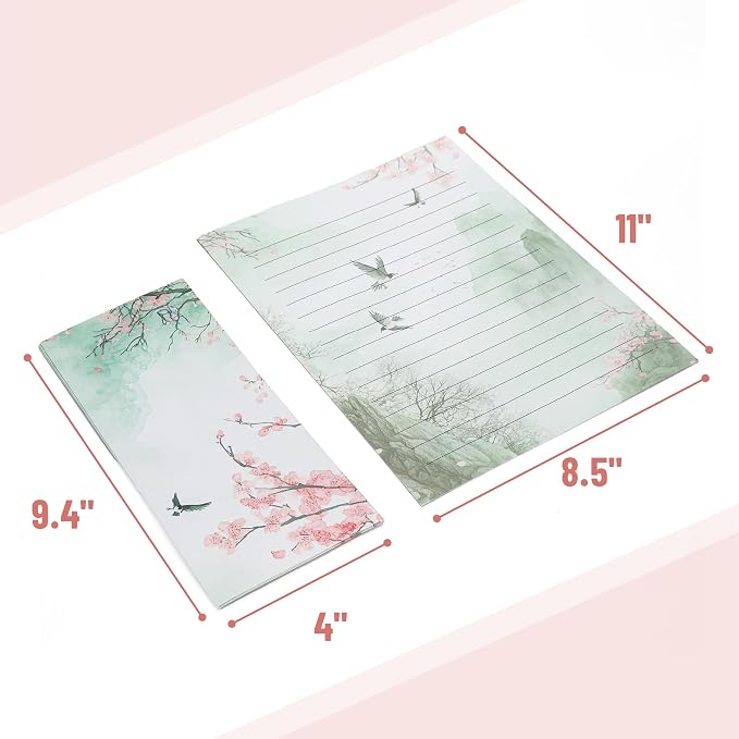 Mr. Pen- Stationery Writing Paper with Envelopes, 8.5 x 11 Inch | 160 Pack(50 Letter Writing Paper with 50 Envelopes and 60 Round Dot Sticker) Cherry Blossoms Cute Stationary Set with 10 Desi