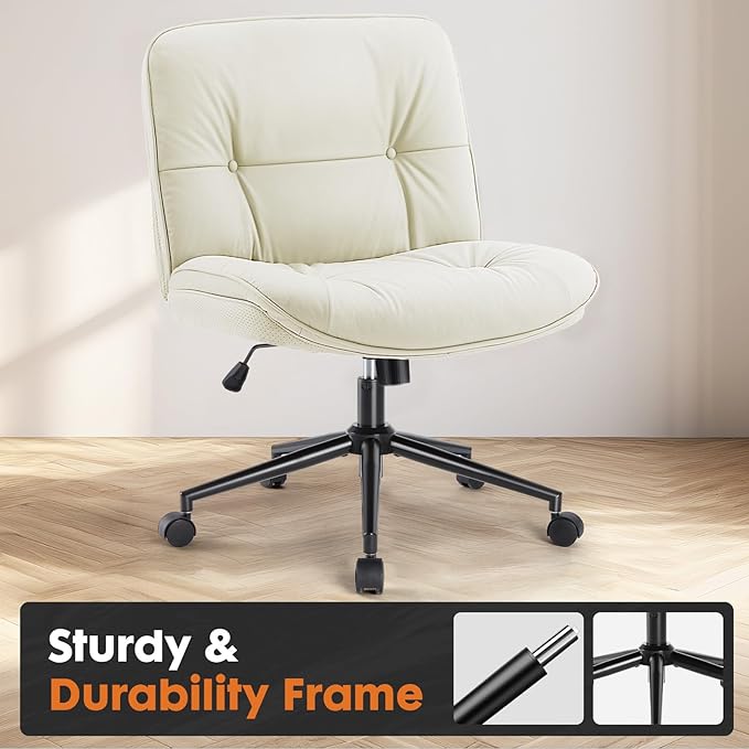 Sweetcrispy Criss Cross Chair with Wheels, Wide Seat PU Leather Armless Office Desk Vanity Chair, Comfortable Adjustable Swivel Computer Task Chairs for Bedroom, Small Space Make Up, Light Beige