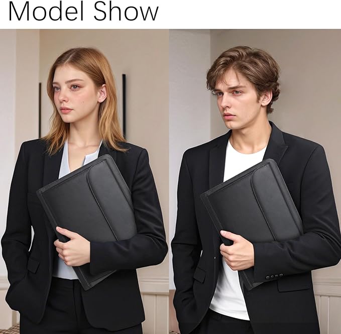 Genuine Leather Portfolio for Men Women Zipper Business Resume Padfolio Organizer Binder A4 Meeting Folder 13 inch black