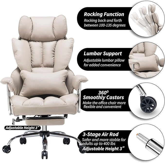 Efomao Big and Tall Office Chair, 400lbs Heavy Duty High Back Executive Chair with 23.6" Extra Wide Seat, PU Leather Desk Chair with Footrest and Padded Armrests, Grey