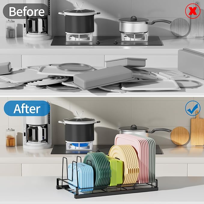Food Container Lid Organizer Rack with Adjustable 6 Dividers, Black | Full-Metal Pot and Pan Organizer Holder for Home Kitchen Cabinets, Drawers, Countertop, Cupboards, Pantry Shelves Storage