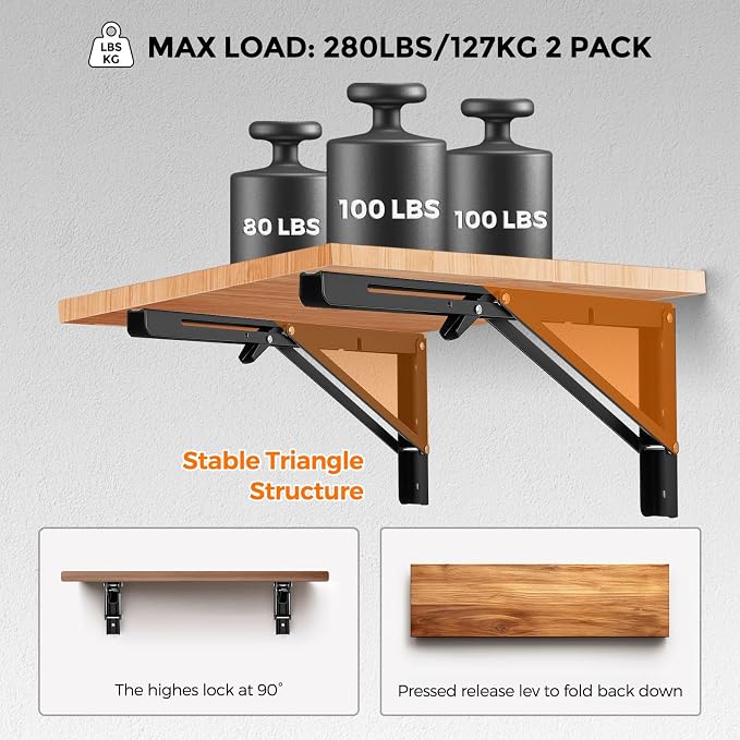 JOY DECOR 18 Inch Heavy Duty Folding Shelf Brackets, 4 Pack (2 Pairs) Collapsible Wall Mounted Brackets for Fold Down Table, Stainless Steel Folding Table Hinge, Matte Black