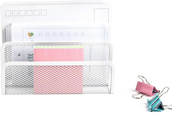 VANRA Small Letter Sorter Desktop File Holder Organizer Metal Mesh with 3 Vertical Upright Compartments (White)