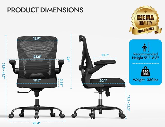 Office Chair: 330LBS Mesh Ergonomic Desk Chair Comfy with 3D Lumbar& Swivel | Ergalithic Computer Chair-Executive Task Chairs with Flip-up Arms Home Office Desk Chairs Gaming Chair for Adults(Full Black)