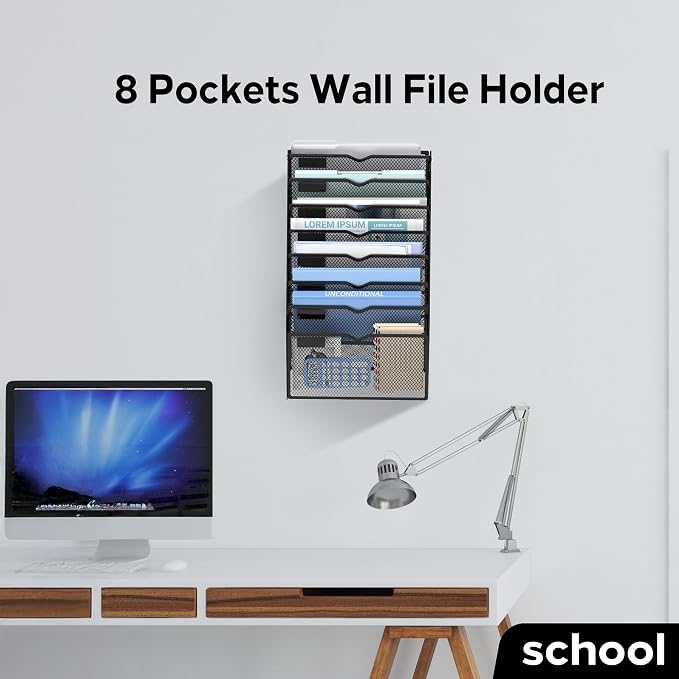 8 Tier Wall Hanging File Organizer, Paper Folder Holder Wall Mounted, Metal Mail Sorter for Office Home School, Black