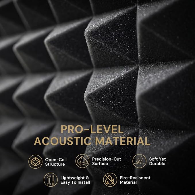 Focusound Acoustic Panels 50 Pack 2"x12"x12" with 300 PCS Double-Side Adhesive - Sound Proof Pyramid Foam for Walls, Home Studio Noise Absorption & Echo Control Kit