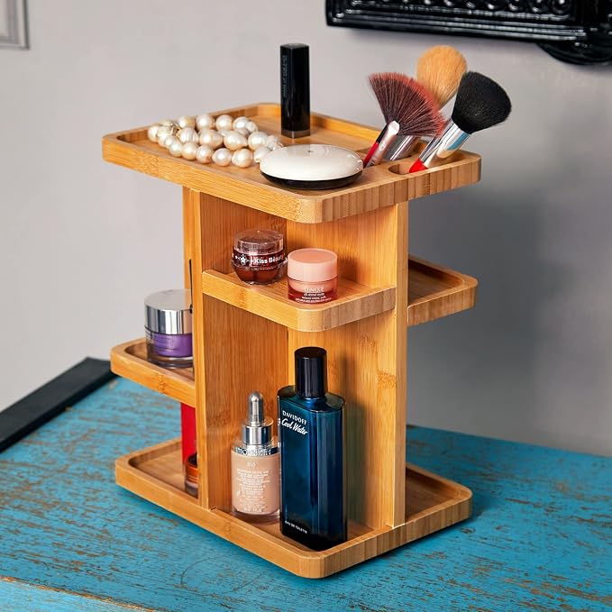 Bamboo 360 Degree Rotating 12 inches Makeup Organizer, Cosmetic Organizer | Multi-Function Storage for Makeup Desk, Bathroom, Bedroom,Toiletries, Gift for ladies and women