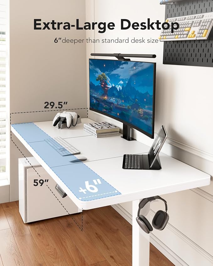 HUANUO 60 x 30 inch Large Standing Desk, Powerful Brushless Motor Large Height Adjustable Table, 4 Memory Preset Stand Up Work Station Sit Stand Desk, Home Office with Thick T-Shaped Frame,White