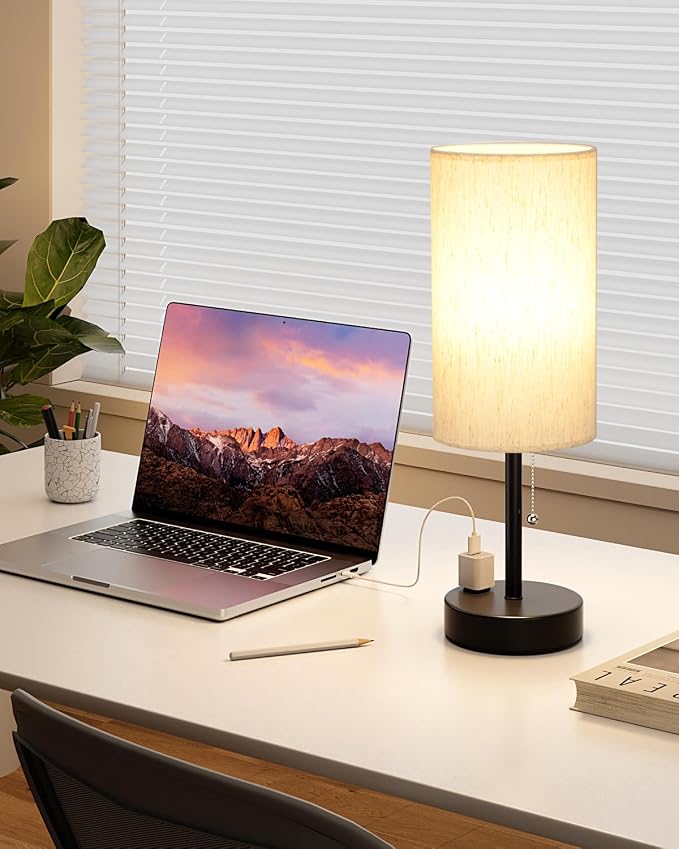 17.4" Large Bedside Table Lamps Set of 2 - 3 Color Temperatures Pull Chain Lamp with AC Outlet Charging Port, Round Night Stand Lamps for Bedroom Guest Room Office, Bed Side Light with E26 LED Bulbs