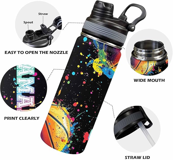 Personalized Colorful Basketball Backpack with Name Back to School Supplies Bookbag for Kids Boys Custom Balls Player Schoolbag and Water Bottle Cup&Pencil Pouch School Backpacks with Lunch Box Set