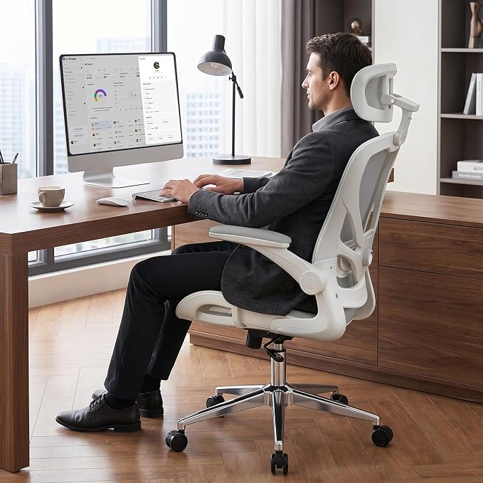naspaluro Home Office Chair with Flip-up Armrests Adjustable Headrest Lumbar Support, Mesh Desk Chair 90-120°Rocking Chairs for Home Office, Study, Work & Gaming, Black