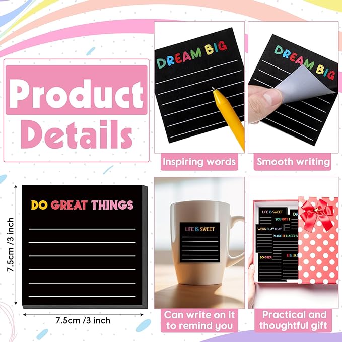 Yinder 24 Pcs Inspirational Sticky Notes Thank You Gift Motivational Sticky Note Pad Employee Appreciation Gift Bulk for Staff Coworker Teacher Nurse Office Groups 3 x 3'' (Inspirational,Black)