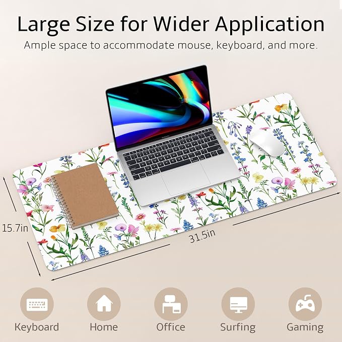 Mouse Pad Leather Desk Mat Large Keyboard Cute Office Desktop Computer Laptop XXL Long Big Aesthetic Modern Design Women Girls Gaming Gamer Oversized Wide Mousepad 31.5"x15.7", White Floral