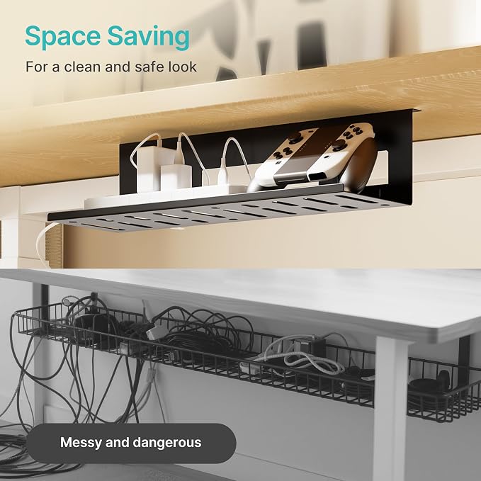 Under Desk Cable Management Tray, 15.7'' Screw-Mount Steel Rack | Metal Cord Organizer for Power Strips, Chargers, Reversible Installation, Effortless Wire Management for Home Office, Black