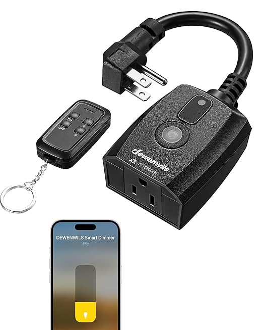 DEWENWILS Wi-Fi Matter Smart Dimmer Plug, Outdoor Dimmer for String Lights, Works with Alexa, Google Home, SmartThings, 100FT Remote, for 150W Dimmable LED/300W Tungsten Bulbs, 2.4GHz Only