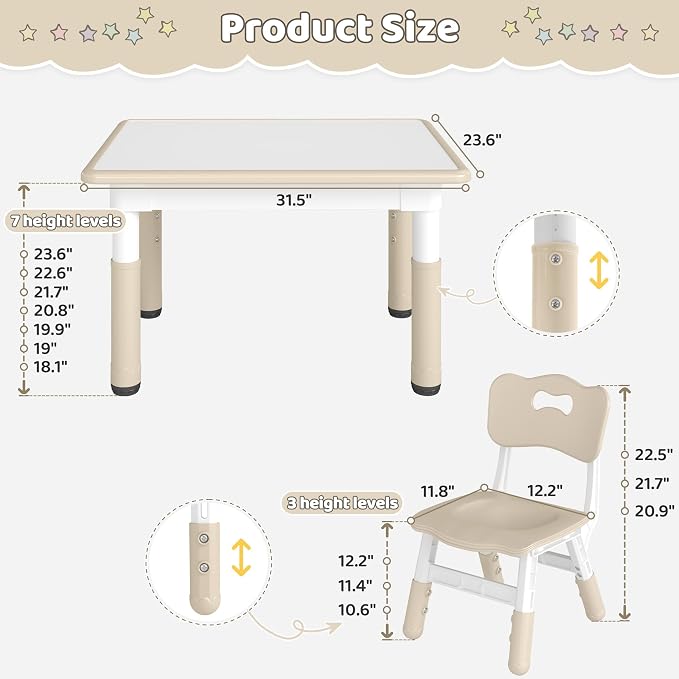 DOREROOM Adjustable Kids Table & 4 Chairs Set, 31.5" L x 23.6" W, Natural | Graffiti Desktop,Table Supports 300 lbs,Toddler Ages 2-8，FSC-certified, Children Activity Table for Daycare, Classroom, Home