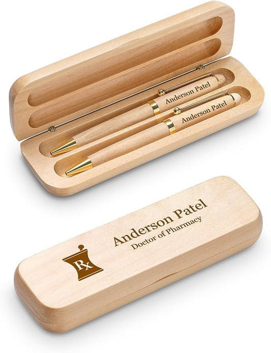Executive Gift Shoppe | Pharmacist Theme Laser Engraved Maple Wood Double Pen and Box Set