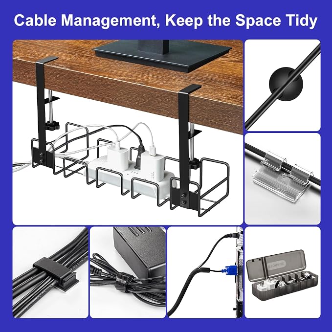OneLeaf Under Desk Cable Management Tray - No Drill Wire Management Rack | Metal Cable Organizer Tray with Clamp, Under Desk Cord Management Storage Basket, Desk Accessories with Cable Organization