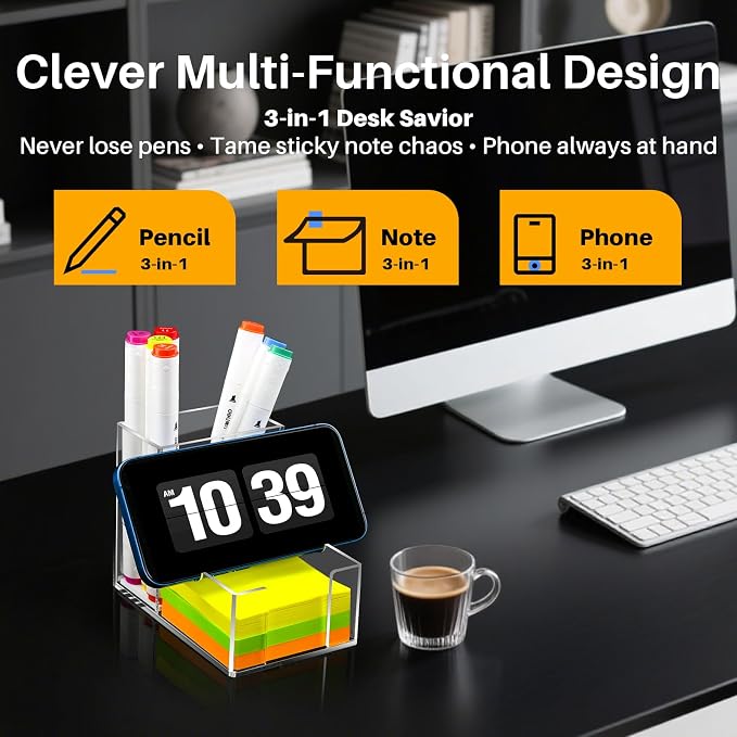 Sticky Note Holder, Crystal Clear Acrylic Pen and Sticky Note Dispenser for 3x3 Inches Note Pads, Simple Phone Stand for Office Home School Dorm Room Desk Organizer(No Pads) (1)