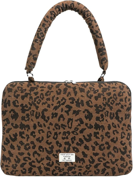Leopard Print Laptop Case 11, 13,15 Inch Quilted Laptop Sleeve Soft Protective Cheetah Computer Sleeve for MacBook (Coffee, with Strap, 15 Inch)