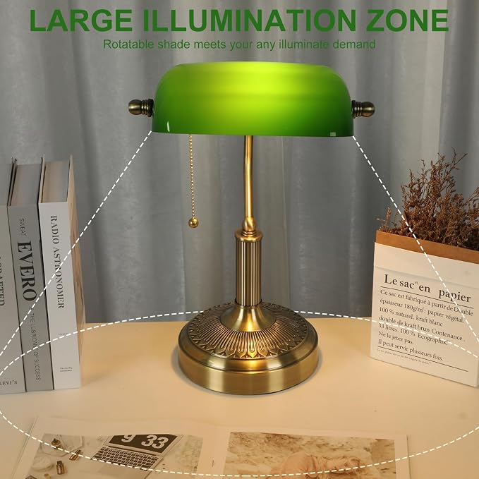 NISSAFORS Bankers Desk Lamp, Green Glass Shade, Vintage Desk Lamp with Pull Chain Switch, Retro Table Lamps for Home Office (Brass+Green, Middle)