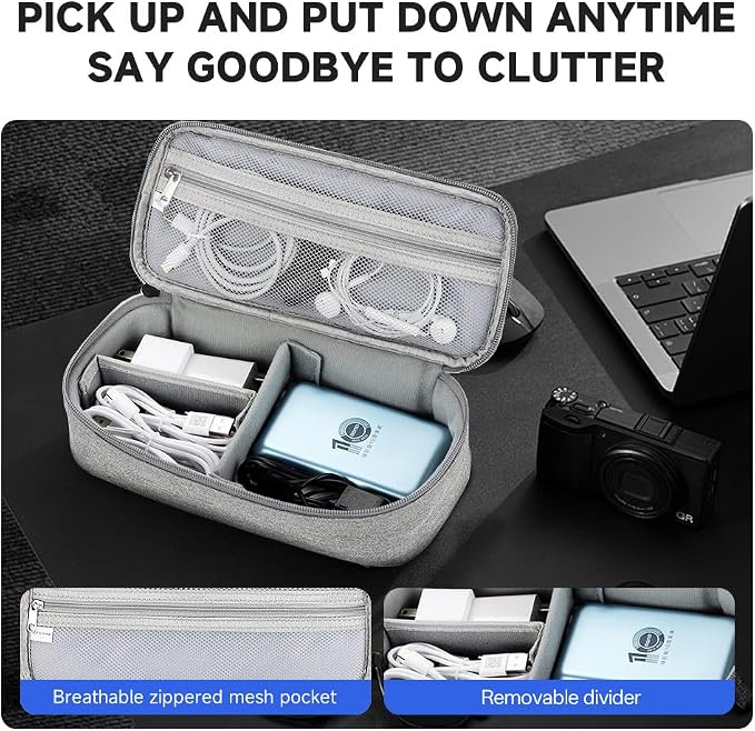 Teskyer Tech Organizer Pouch – Portable Waterproof Electronics Bag with Compartments for Cables, Chargers, Earbuds & Phone (Grey)