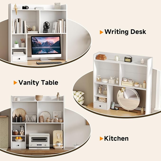 knoworld Desktop Bookshelf for 27" Monitor, Space-Saving Engineered Wood Desk Hutch Organizer with Adjustable Shelves & Drawer, Clutter-Free Tabletop Bookcase for Dorm & Home Office, White