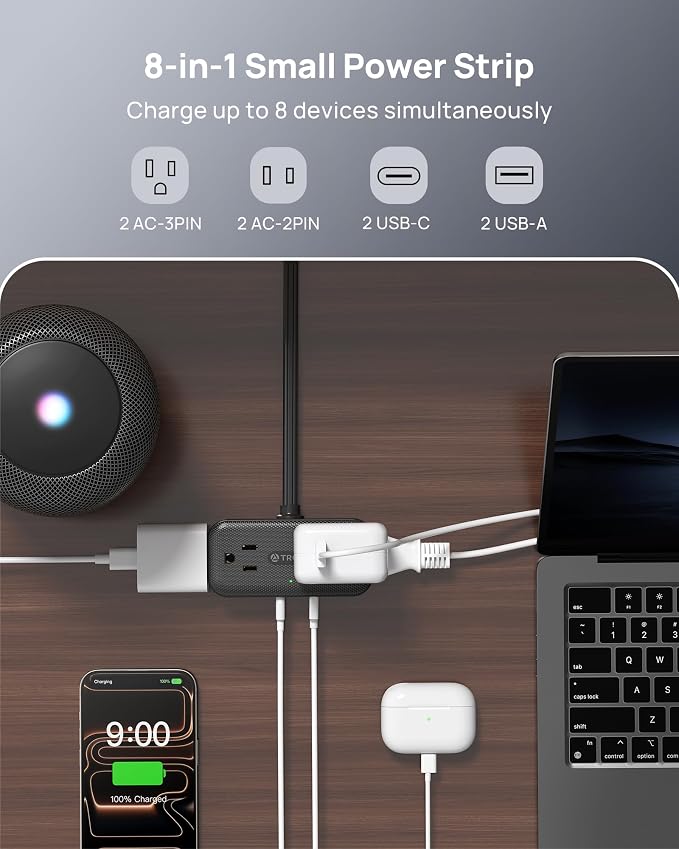 TROND Flat Plug Power Strip 5FT, Small Flat Extension Cord with Multiple Outlets, 4 AC and 4 USB Ports (2 USB C), Wall Mount 900J Surge Protector for Home Office Travel Dorm Room Essentials, Black