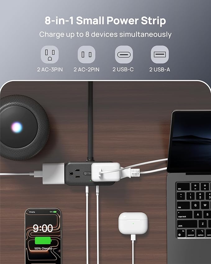 TROND Flat Plug Power Strip 3FT, Small Flat Extension Cord with Multiple Outlets, 4 AC and 4 USB Ports (2 USB C), Wall Mount 900J Surge Protector for Home Office Travel Dorm Room Essentials, Black