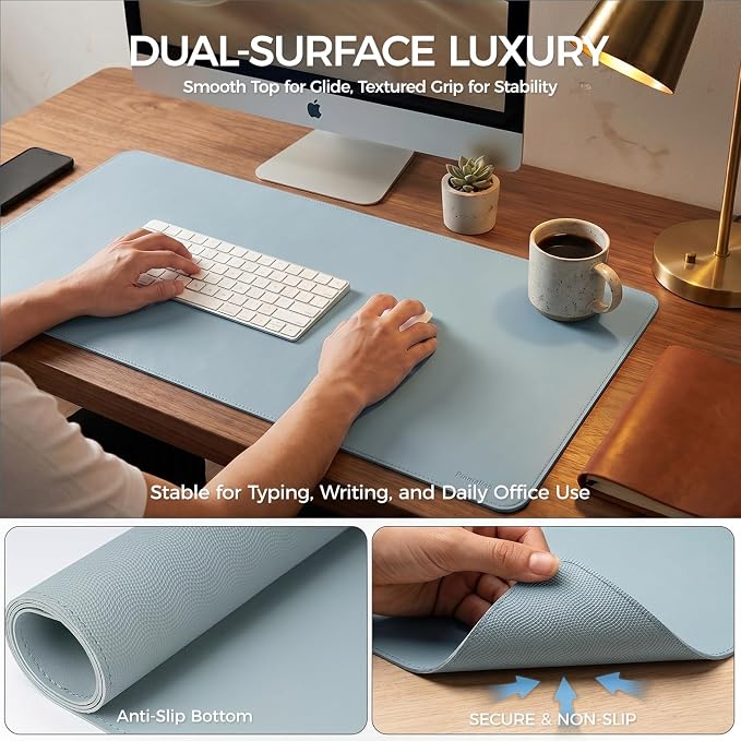 Large Desk Pad Non-Slip Desk Mat Protector for Keyboard Mouse Waterproof Vegan Leather Surface Faux Leather Laptop Mat Smooth Mouse Pad Premium Gift Tube Morning Fog Blue 55" x 23"
